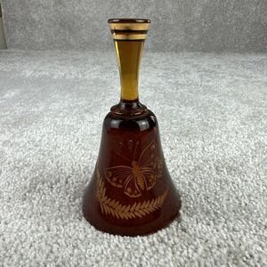 Rare Beautiful Vintage Bohemia Amber Brown Gold 6" Bell‎ Butterfly Flowers Bell